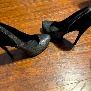 BCBG Silver and Black Suede platform heels